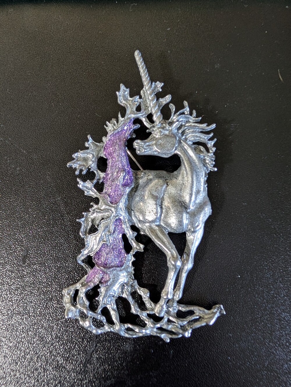 Silver Tone Unicorn Brooch with Purple Glitter Fantasy Woodland Pin